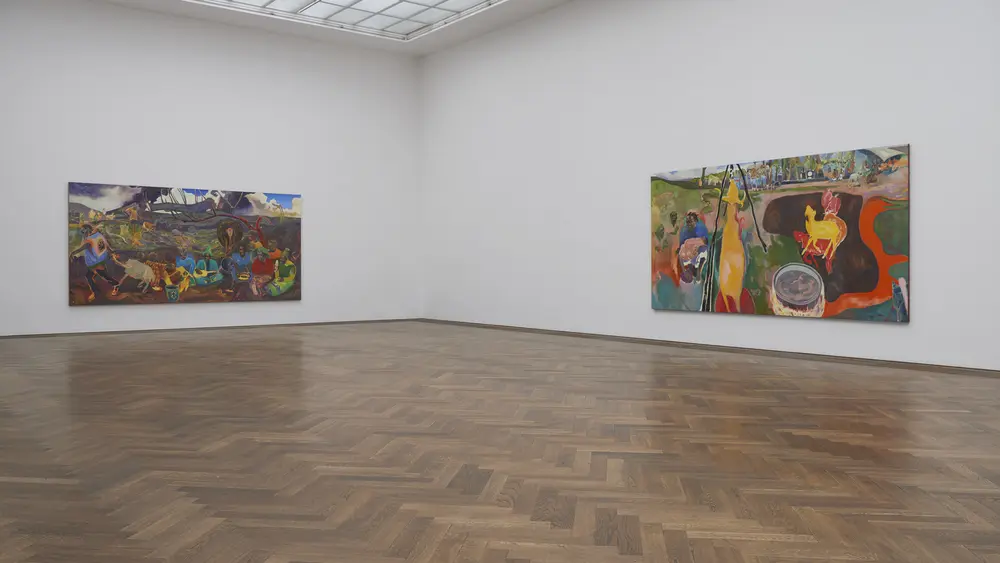 Installationsansicht, Michael Armitage, You, Who Are Still Alive, Kunsthalle Basel, 2022, Blick (v. l. n. r.) auf, Dandora (Xala, Musicians), 2022, und, Amongst the Living, 2022