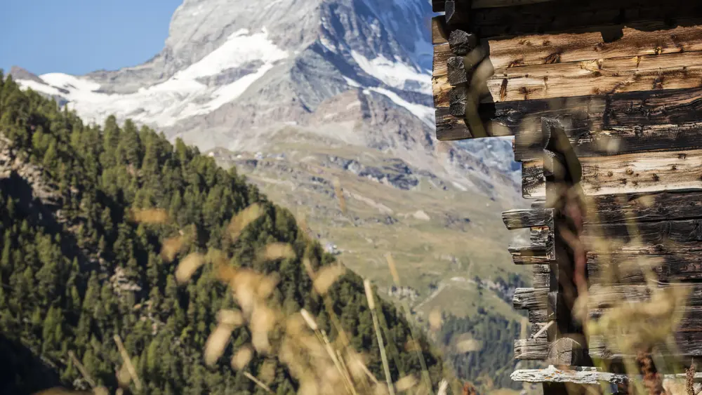 Typische alte Holzhütte vor spektakulärer Matterhorn-Kulisse