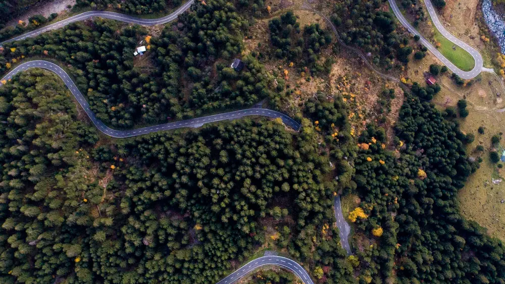 Luftaufnahme des Grimselpass mit der engen Passstraße. Die Straße ist von einem Tannenwald umgeben.