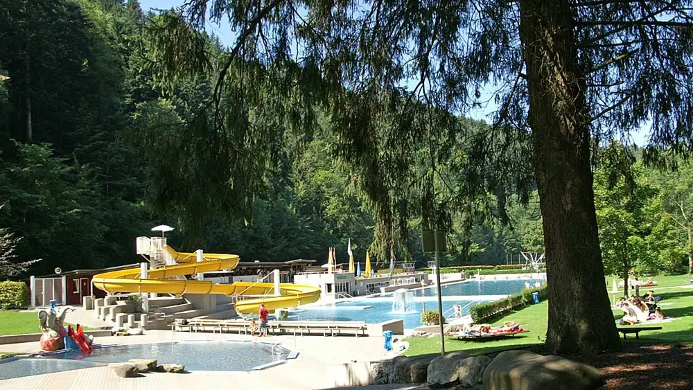 Blick auf die Becken und die Wasserrutsche im Waldbad Enz