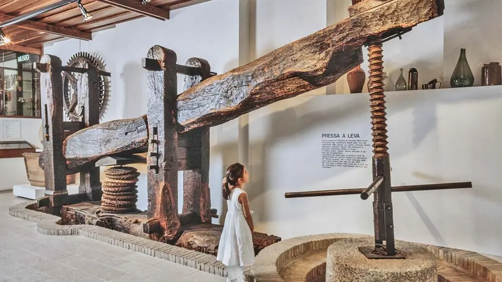 Mädchen betrachtet die ausgestellte Olivenölpresse im Museum