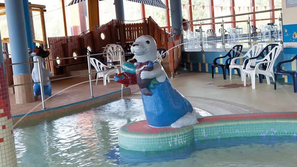 Blick auf das Kleinkindbecken Wonniland mit Seehund als Wasserspielzeug