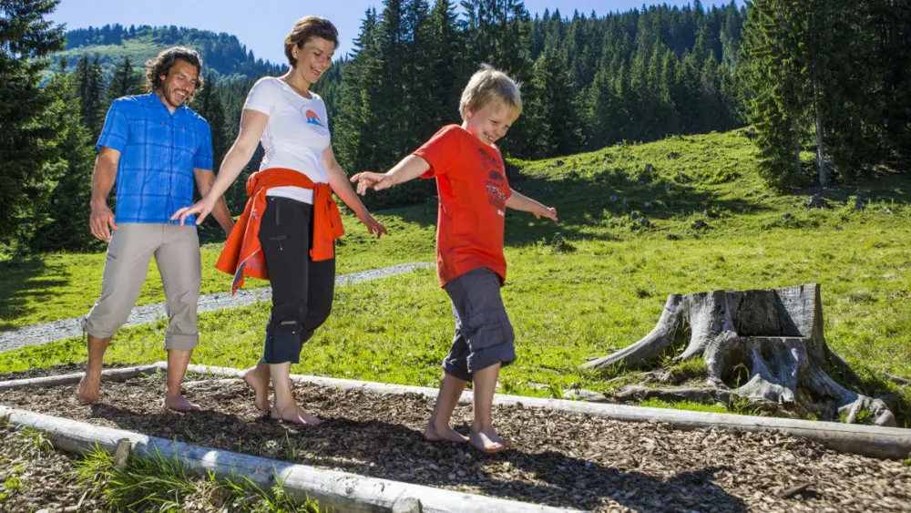 Eine Familie auf dem Barfußpfad vom Naturerlebnisweg am Söllereck