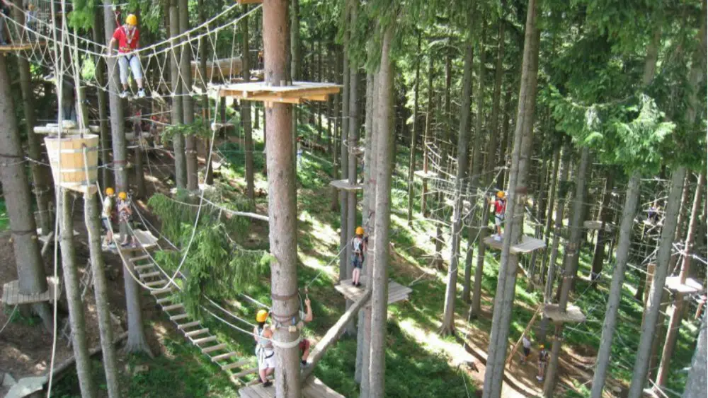 Kletterer auf den verschiedenen Hindernissen im Kletterwald Blomberg in Bad Tölz