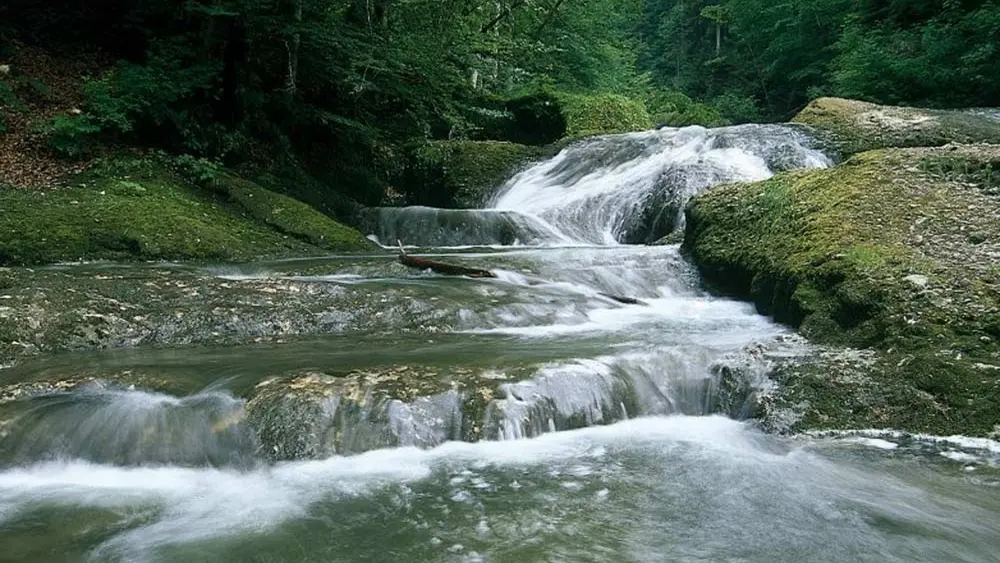 Wasserfall am Wanderweg durch das Naturschutzgebiet Eistobel