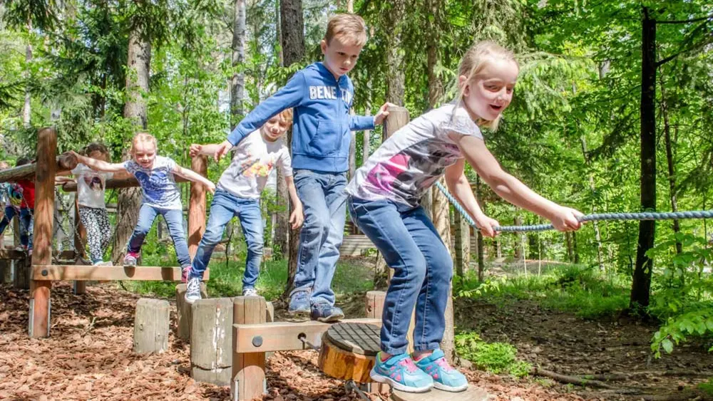 Kinder auf dem Balancierpfad in der Walderlebniswelt Klopeiner See bei St. Kanzian