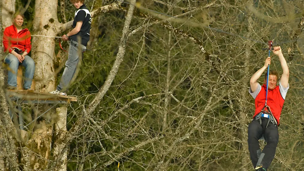 Ein Kletterer saust auf dem Flying Fox im Hochseilgarten Isarwinkel von Baum zu Baum