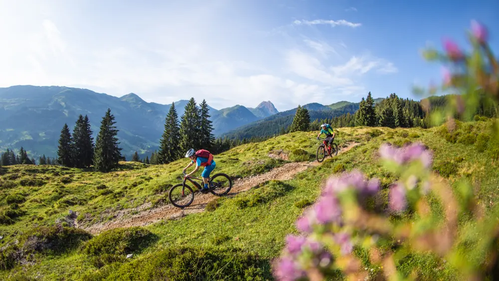 Zwei Biker auf einem Radtrail in den Kitzbüheler Alpen