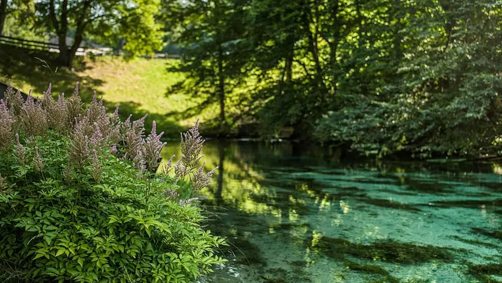 Blick auf die blauleuchtende Blaue Quelle bei Erl