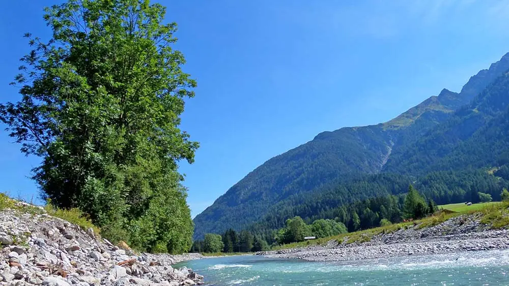 Blick auf das Ufer des Wildflusses Lech