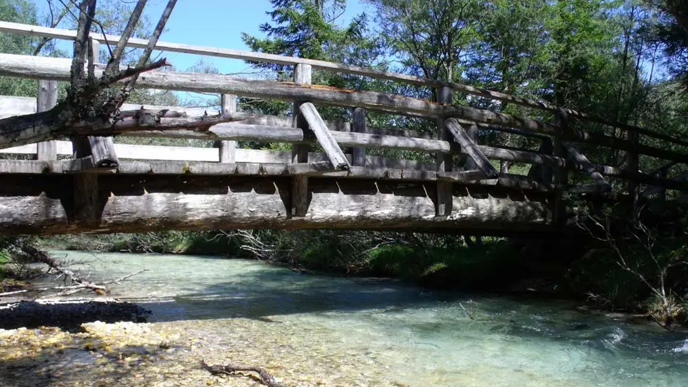 Holzbrücke über einem kleinen Bach am Toblacher See