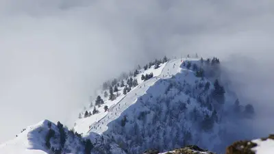 Blick vom Nachbarberg auf eine Piste im Skigebiet Les Sept Laux