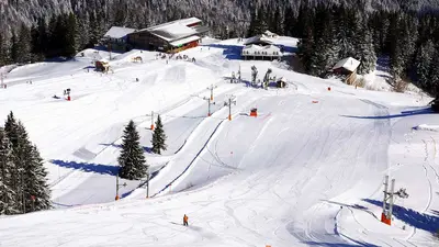 Luftaufnahme einer Piste mit Hütte