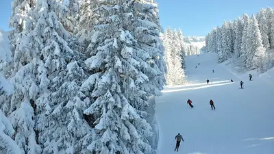 Skifahrer auf der Piste in Les Carroz