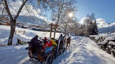 Skifahrer in einer Pferdekutsche