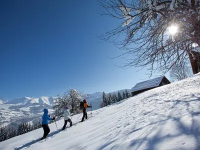Schneeschuhwanderer auf dem Weg zur Hütte © Megève Tourisme - Daniel Durand