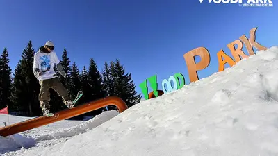 Freestyler auf einem Obstacle im Woodpark von Arêches Beaufort