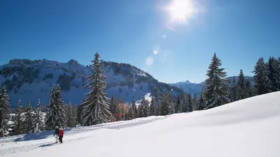 Blick auf zwei Winterwanderer in Grasgehren