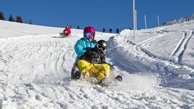 Zwei Rodler auf einem Schlitten