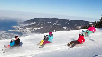 Rodler auf der Rodelbahn - Tegernsee im Hintergrund