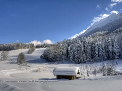 Aussicht beim Langlaufen auf eine verschneite Hütte © Inzell