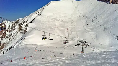 Blick auf eine Sesselbahn und Piste in Leysin