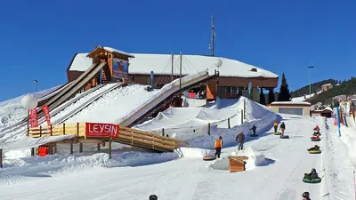 Kinder bei der Abfahrt im Tobogganing Park Leysin