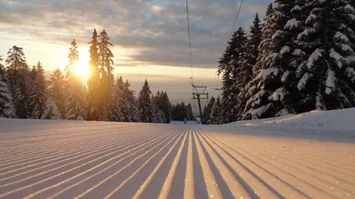 Blick auf eine frisch präparierte Piste im Skigebiet Sainte-Croix / Les Rasses