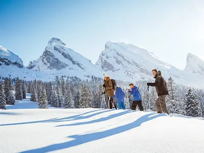 Familie beim Schneeschuhwandern im Skigebiet Wildhaus © Switzerland Tourism - swiss-image.ch/Lea Meienberg