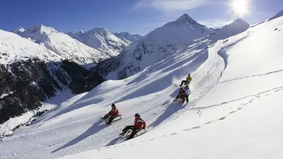 Drei Rodler auf der Rodelbahn in Vent