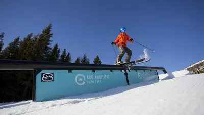Skifahrer auf einem Rail