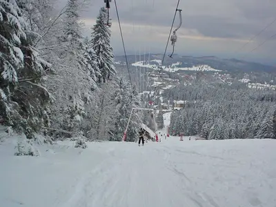 Piste mit Schlepplift und Blick ins Tal © Surovyi via Wikimedia Commons