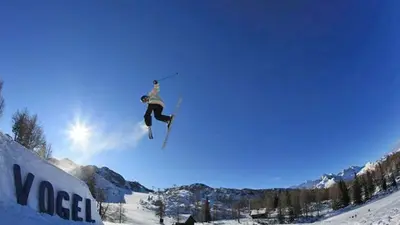 Skifahrer beim Sprung im Snowpark Vogel