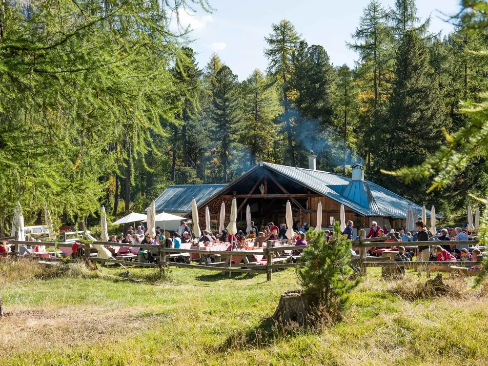 Beim Alpbrunch  in der Alpschaukaeserei Morteratsch genießt man unter freiem Himmel ein reichhaltiges regionales Fruehstuecksbuffet, umgeben von frischer Bergluft auf einer Sonnenterasse inmitten der 