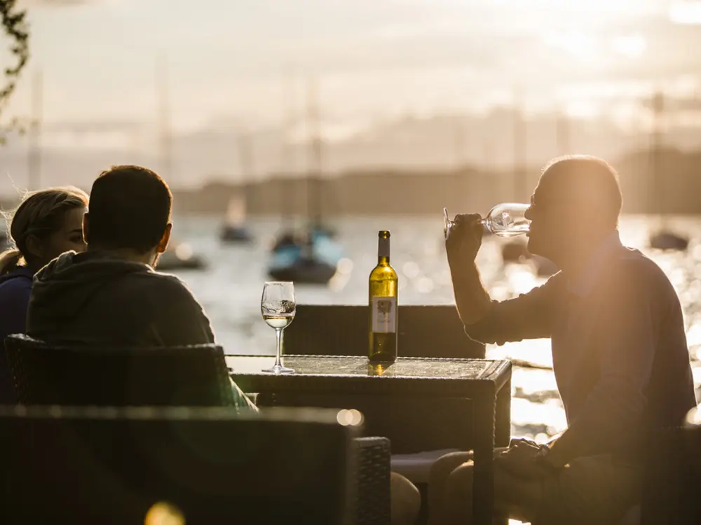 Besucher bei einer Weinprobe am See bei Murten