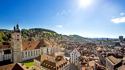 Luftaufnahme des Stiftsbezirk St. Gallen mit der Stiftskirche
