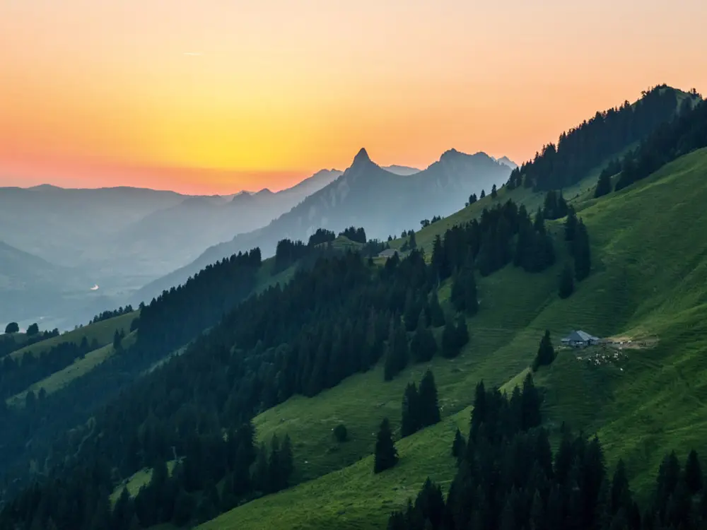 Sonnenaufgang am Fuße des Moléson bei Gruyeres