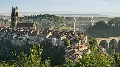 Kathedrale von Freiburg mit Altstadt, Zaehringer- und Poyabruecke