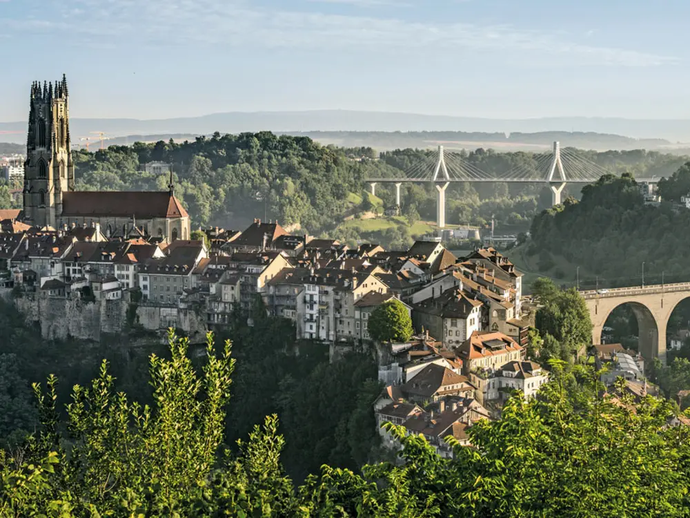Kathedrale von Freiburg mit Altstadt, Zaehringer- und Poyabruecke