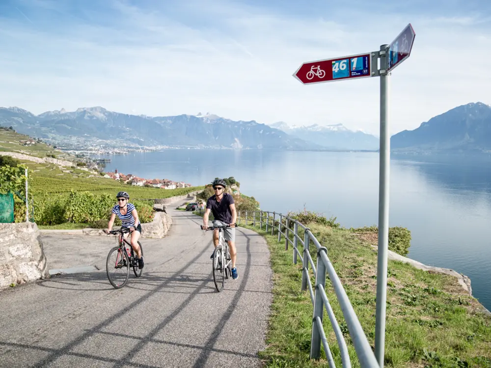 Radfahrer im Lavaux am Genfersee