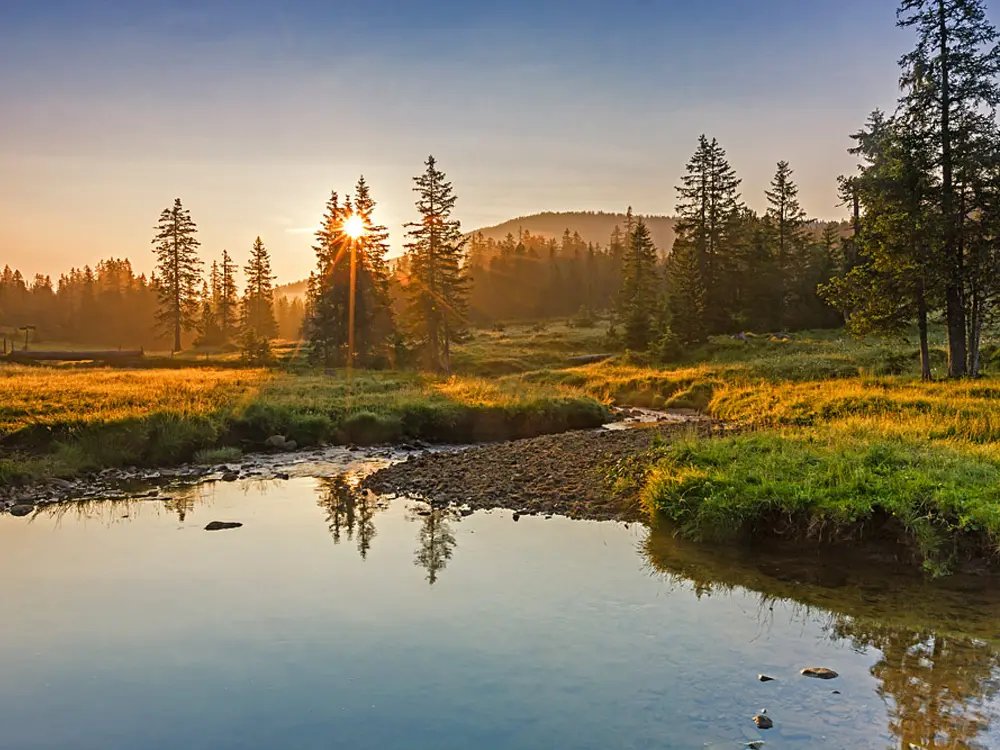 Sonnenaufgang an einem Moorsee, im Hintergrund der Glaubenbergpass im Entlebuch