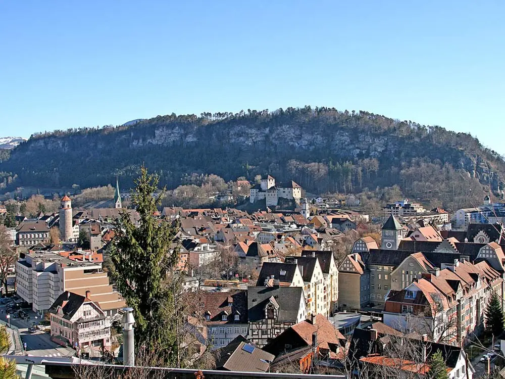 Blick auf die Altstadt von Feldkirch mit Katzenturm, Dom St. Nikolaus und Schattenburg