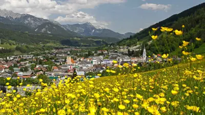 Von blühender Almwiese Blick auf Schladming mit seinen Kirchen