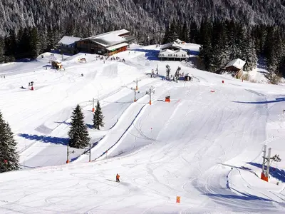 Luftaufnahme einer Piste mit Hütte © OT St. Jean d'Aulps