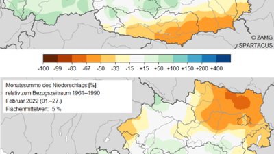 Februar 2022: Abweichung Niederschlagssummen Österreich