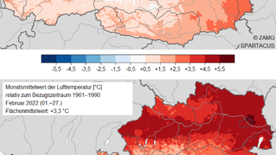 Februar 2022: Abweichung Temperaturmittel Österreich