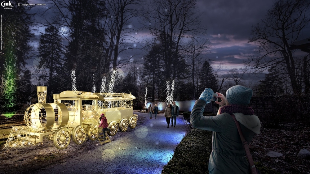 Der erleuchtete Zug im Lichterpark in Innsbruck begeistert Groß und Klein.