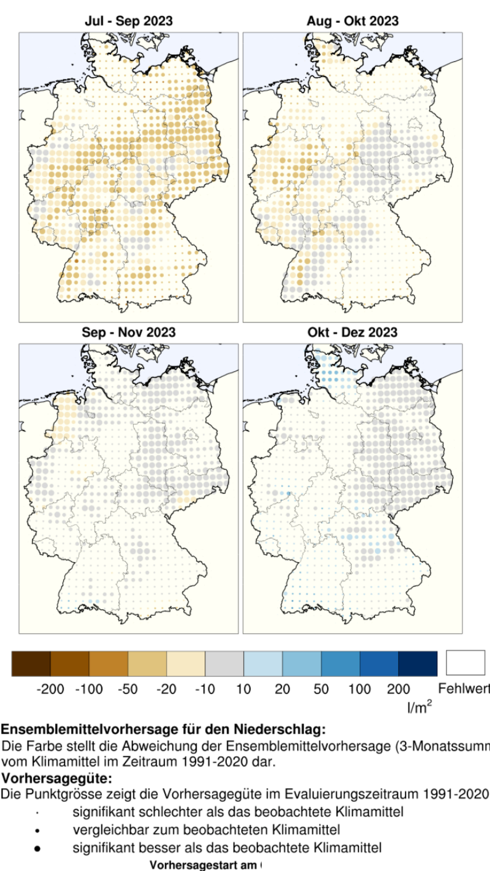 Ensemblemittelvorhersage für die Niederschläge, Juli-Dezember 2023 