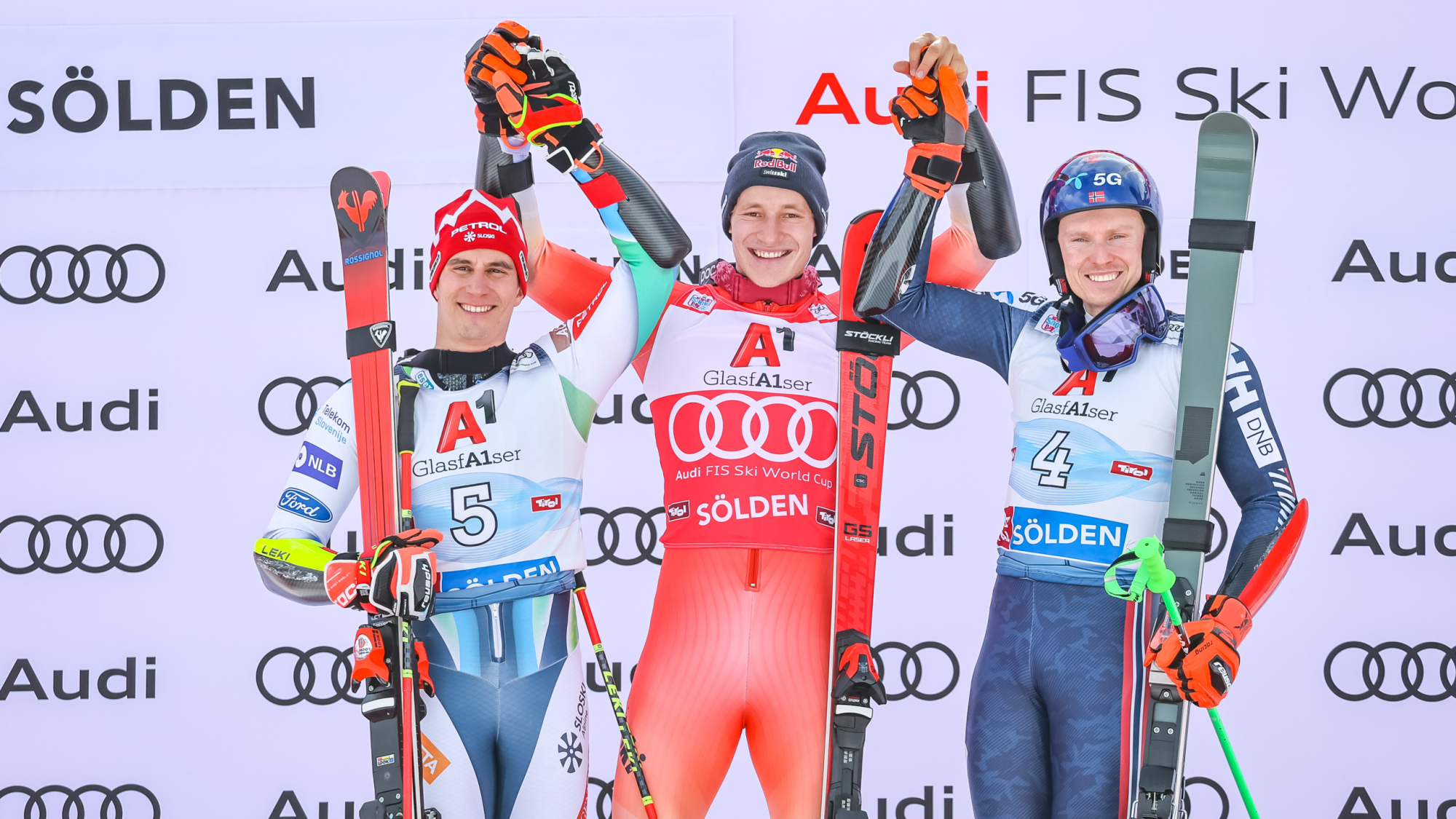 Sieger beim Ski-Weltcup in Sölden 2022: 1. Marco Odermatt, 2. Zan Kranjec, 3. Henrik Kristoffersen