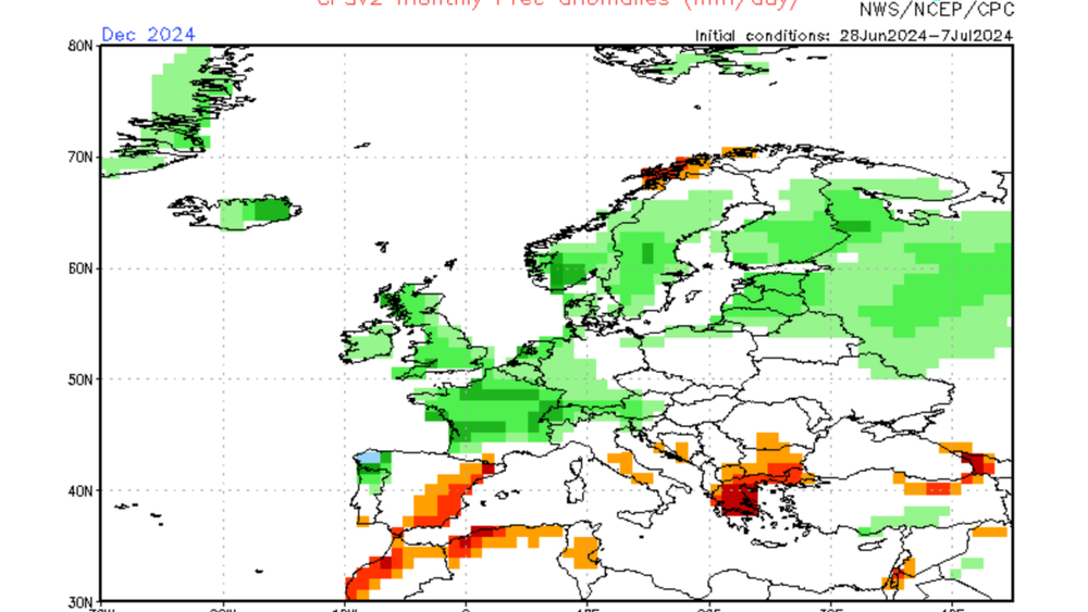 CFSv2 forecast monthly: Niederschlags-Abweichung Dezember 2024 / Stand: 09. Juli 2024